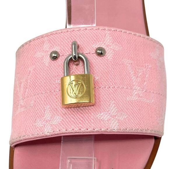 Louis Vuitton LV Logo Monogram Canvas Pink Tan Gold Lock It Flats Sandals EU37.5 - Picture 2 of 11